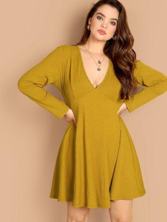 PLUS SIZE Mustard Ribbed Dress Boho Buys
