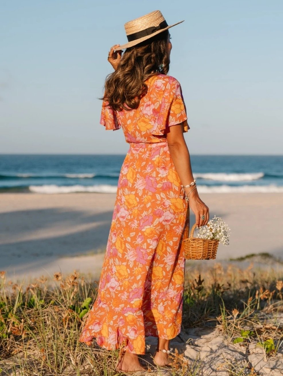 Orange floral deals wrap dress