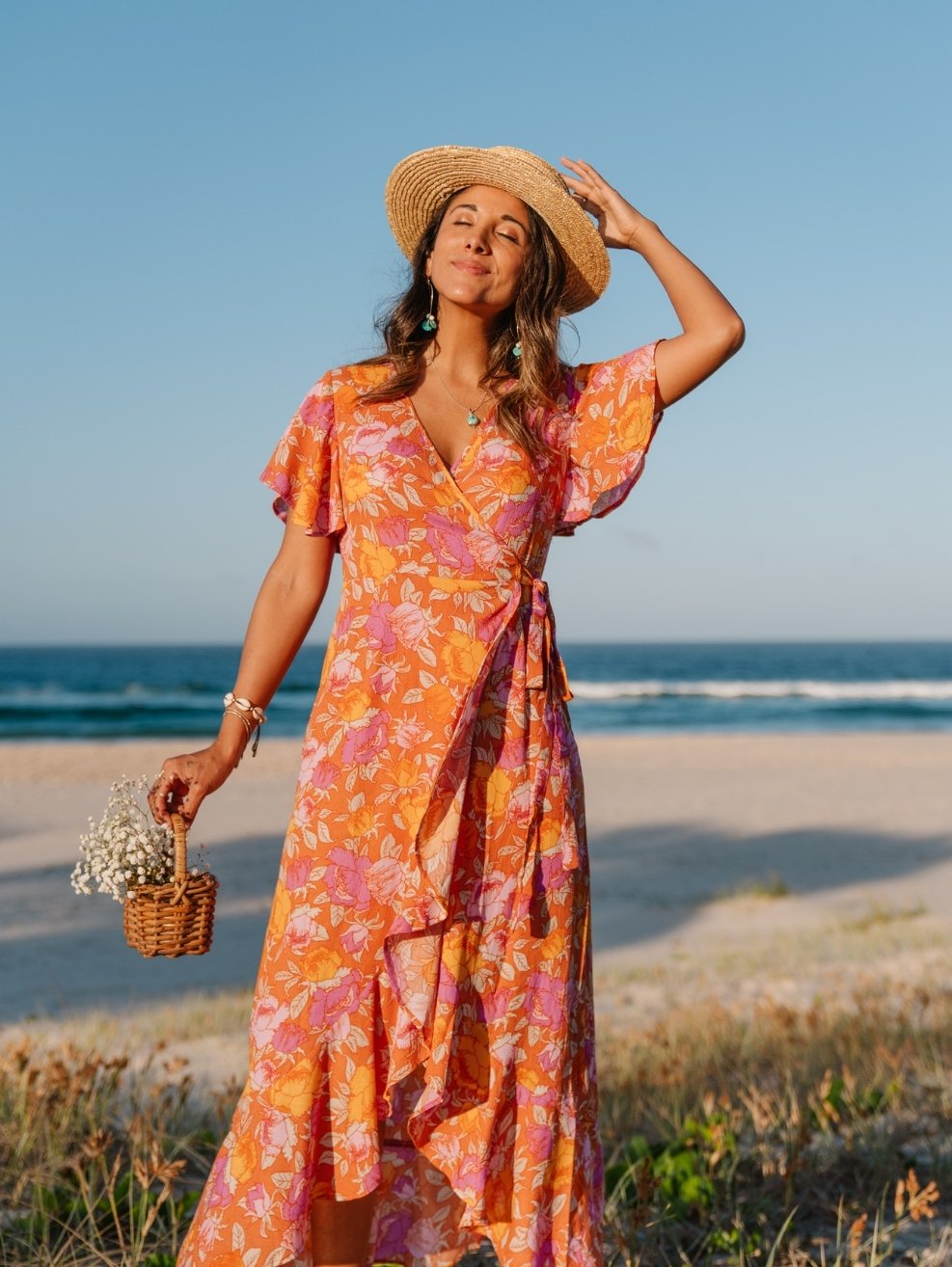 Orange floral deals wrap dress